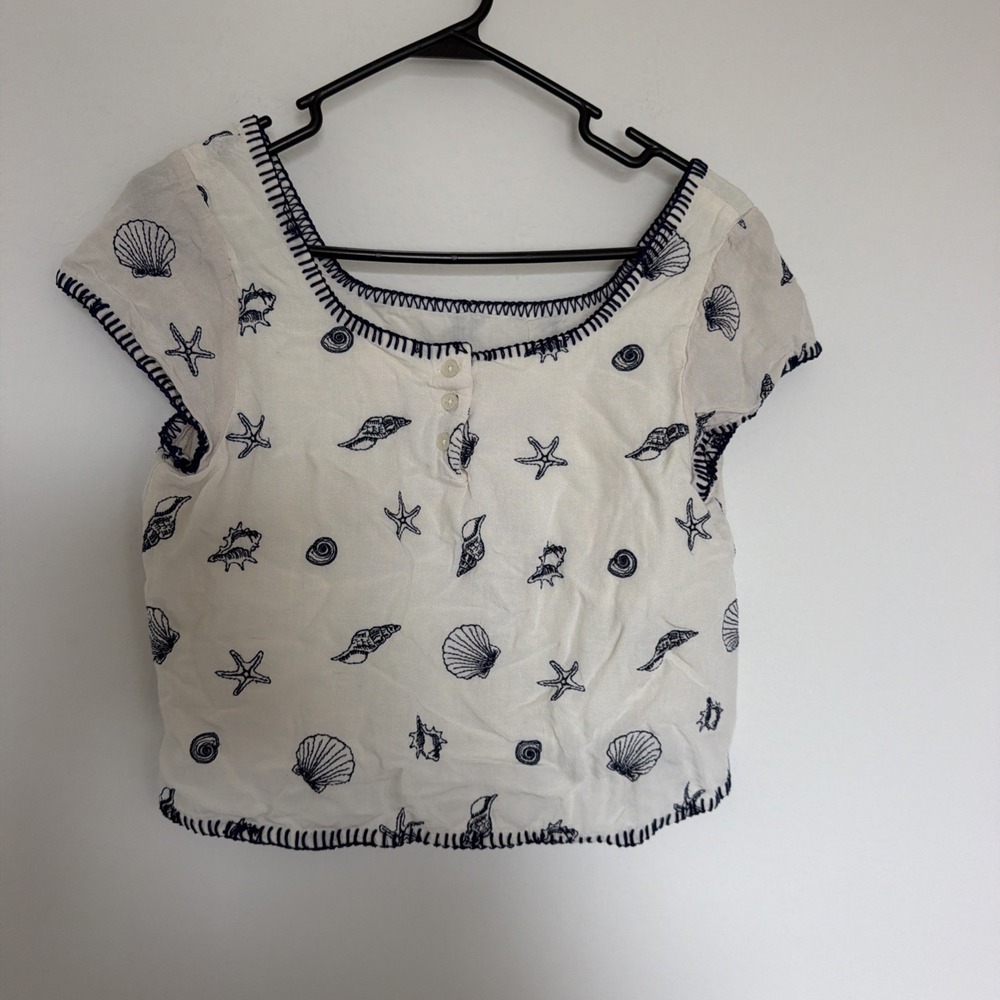 Happily Grey Kids White Nautical Shell Starfish Embroidered Top Girls Size Med